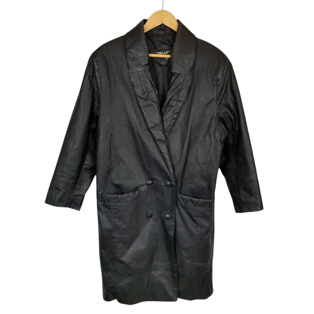 Pelle Vintage Women's Black Leather Double Breasted Trench Coat Lined Size Small